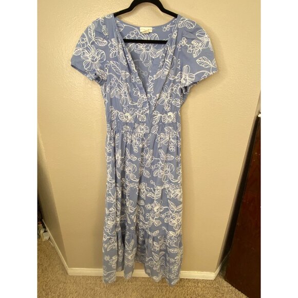 Cynthia Rowley Blue Floral Maxi Dress Cotton L Short Sleeve Smocked Waist Casual - Picture 2 of 7